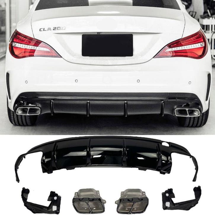 Diffusor + uitlaatsierstukken (ZWART) CLA 45 voor Mercedes C, Auto-onderdelen, Carrosserie en Plaatwerk, Nieuw, Ophalen of Verzenden