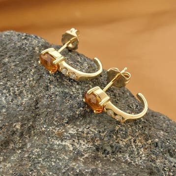 Gouden oorstekers met citrien en diamanten; 0,08 ct., Gebruikt, Ophalen of Verzenden, Met edelsteen, Goud
