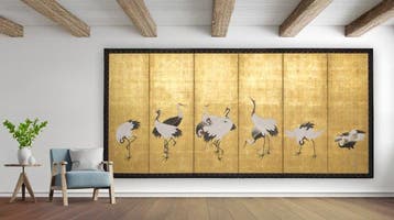 Vouwscherm met kraanvogels - Papier, gelakt hout, bladgoud -