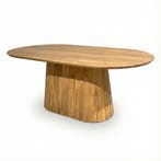 Deens ovale Japandi eettafel met iconische base mangohout, Huis en Inrichting, Tafels | Eettafels, 100 tot 150 cm, Verzenden, Vijf personen of meer