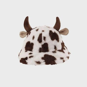 Warme Koeienprint Bucket Hat met Hoorns - Fleece Gevoerd & V
