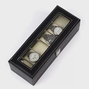 Luxe PU Leder Horlogedoos met Glazen Deksel - 6 Vakken, Verzenden, Nieuw