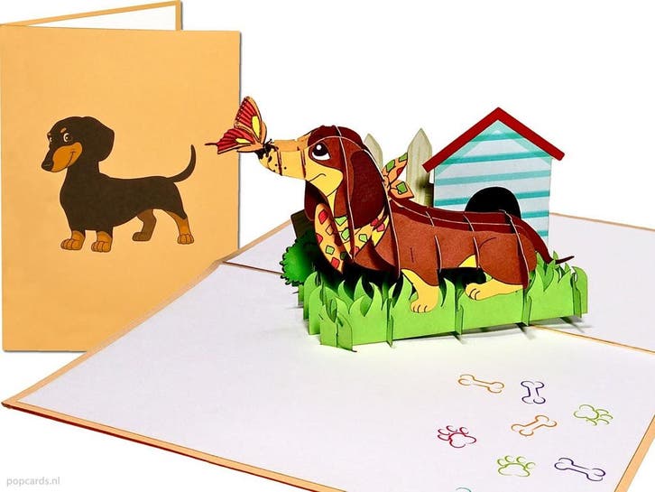 Vrolijke Teckel - Dashond - Dachshund Hond Pop-up Kaart, Diversen, Wenskaarten, Verzenden