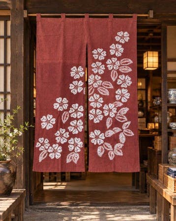 Japanse shibori-geverfde noren – bloemig katoenen textiel –, Antiek en Kunst