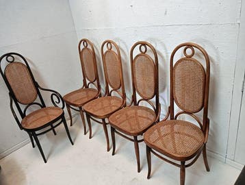 Stoel - Hout en rattan - Vijf vintage stoelen - Thonet stijl