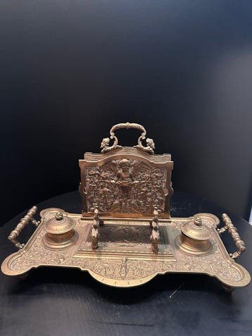 Inktbak - Antique Neo-Renaissance Brass/Bronze Desk Inkstand