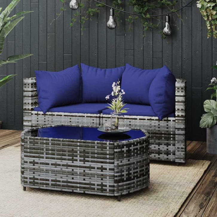 vidaXL 3-delige Loungeset met kussens poly rattan grijs, Tuin en Terras, Tuinsets en Loungesets, Loungeset, Nieuw, Verzenden