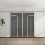 Dubbele stalen schuifdeur Kiezelgrijs4 Vlaks rond Rookglas, 75 tot 150 cm, Nieuw, 150 tot 225 cm, Metaal