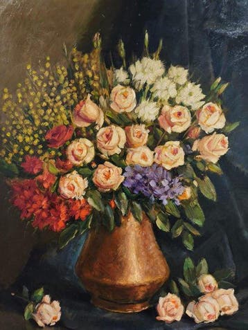 Escuela Realista Europea (XX) Oleo sobre tela. Rosas en, Antiek en Kunst, Kunst | Schilderijen | Klassiek