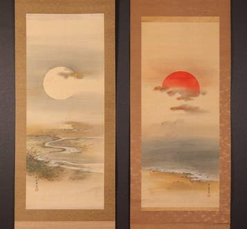 Very fine diptych Sun Over Sea And Moon Over Stream -