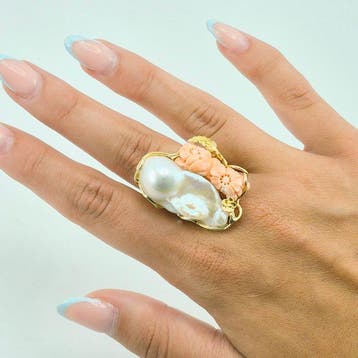 Koraal - Zilver, Verguld - Ring, Antiek en Kunst, Curiosa en Brocante