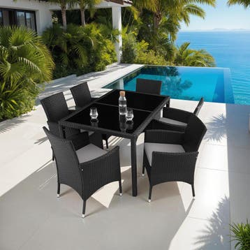 Wicker zitgroep Porto 6+1 met beschermhoes - zwart / grijs, Verzenden, Nieuw