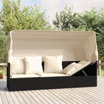 vidaXL Loungebed met luifel en kussens poly rattan zwart, Verzenden, Nieuw