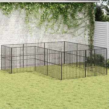 vidaXL Hondenkennel 12 panelen gepoedercoat staal zwart, Dieren en Toebehoren, Hondenhokken, Verzenden, Nieuw
