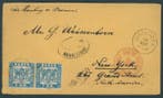 Baden 1868 - Paar 7 Kr. blauw buitenlandsbrief naar New York, Gestempeld
