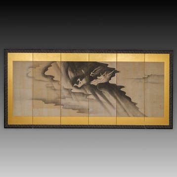 Hoge vouwscherm met draak in de wolken - Papier, Gelakt