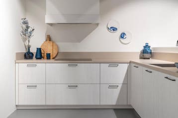 Outletkeuken Eiken Nordic blauwe hoekkeuken, Huis en Inrichting, Ophalen, Blauw, Hoekkeuken, Zo goed als nieuw