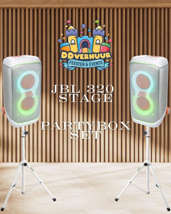 JBL Stage 320 Partybox set (2x) huren – €95 p/dag, Hobby en Vrije tijd, Feestartikelen | Verhuur, Zo goed als nieuw
