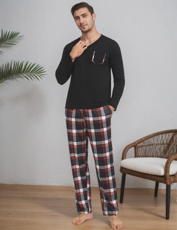 Herenset: Geruite Katoenen Pyjama met V-hals, Lange Mouwen e, Verzenden, Nieuw