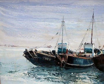 José Cózar Viedma (1944) - Barcas en el puerto de Valencia, Antiek en Kunst, Kunst | Schilderijen | Klassiek