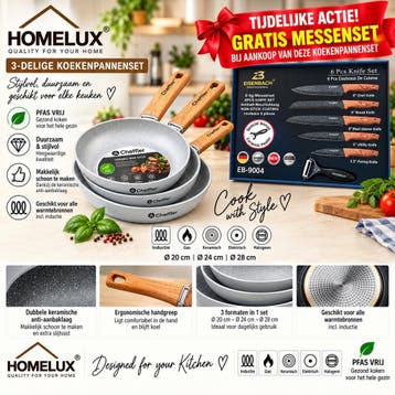 Cheffler 3-delige koekenpannenset + GRATIS MESSENSET, Huis en Inrichting, PFAS-vrij, Ophalen of Verzenden, Nieuw, Koekenpan