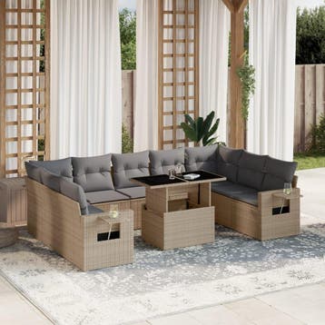 vidaXL 10-delige Loungeset met kussens poly rattan beige, Tuin en Terras, Verzenden, Nieuw, Loungeset