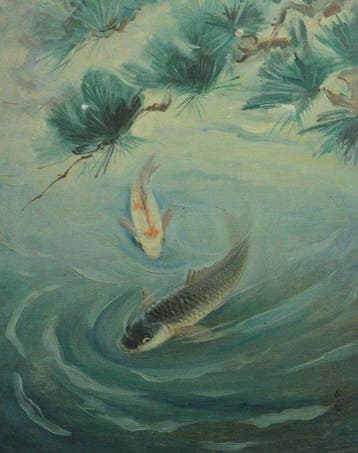 Rare Wartime Japanese Oil Painting Two Carp – Dated Koki