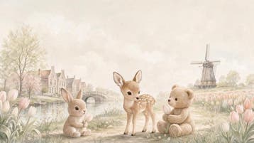Dieren behang babykamer – fotobehang met hertje en konijn, Verzenden, Fotobehang