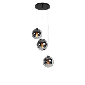 Art deco hanglamp zwart met smoke glas 3-lichts - Pallon, Verzenden, Nieuw, Glas, Art Deco