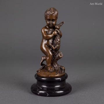 Beeld, Naar S. Felling : Jongen met konijn - 15 cm - Brons, Antiek en Kunst