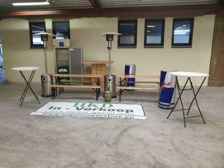 Te huur: terrasheater , bbq , statafel , koelkast , bierbank, Tuin en Terras, Terrasverwarmers, Gas, Nieuw, Ophalen