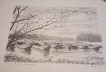 Mario Bonamici (1912-2002) - Ponte di barche a Bereguardo