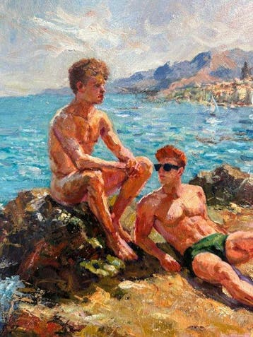 Italiaanse school (XX) - Due figure maschili su marina, Antiek en Kunst, Kunst | Schilderijen | Klassiek