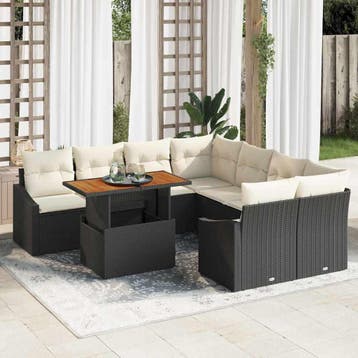 vidaXL Tuinbankenset 9 st Zwart en Crème, Tuin en Terras, Verzenden, Nieuw, Rotan, Meer dan 8 zitplaatsen
