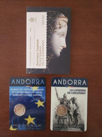 San Marino, Andorra. 2 Euro 2022 (3 coins) (Zonder, Postzegels en Munten