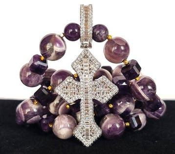 Amethist - Christelijke halsketting - Kruis met gelobde, Antiek en Kunst