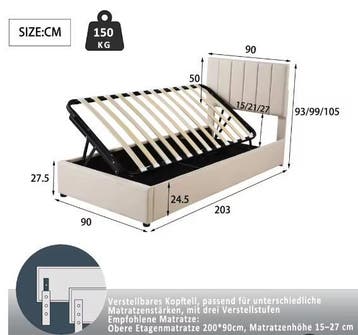 Gestoffeerd Kinderbed 90x200 cm met Opbergruimte, Kinderen en Baby's, Kinderkamer | Bedden, Verzenden, Nieuw