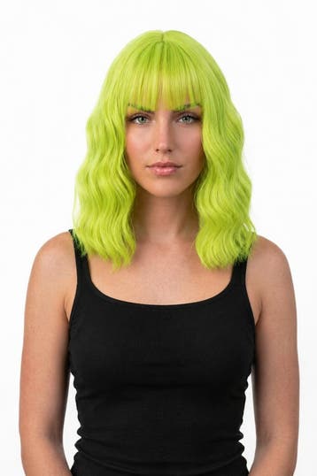 KIMU® Luxe Limegroen Pruik Schouderlengte Rechte Pony Krulle, Ophalen of Verzenden, Nieuw, Carnaval