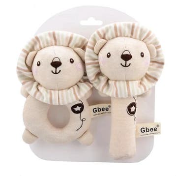 Set met 2 zachte baby rammelaars Leeuw in zachte aardetinten, Verzenden, Nieuw, Kraamcadeau