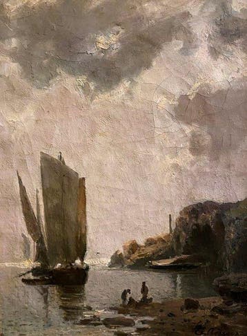 Eugenio Amus (1834-1899) - Costiera con barche e pescatori