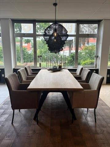 Massief houten tafel met 6 stoelen, Ophalen, Japandi met moderne en organische invloeden., 200 cm of meer, 50 tot 100 cm