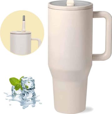 HI NATURE™ Luxe RVS Thermosbeker met Handvat en Rietje 1.2, Huis en Inrichting, Keuken | Tupperware, Ophalen of Verzenden, Gebruikt