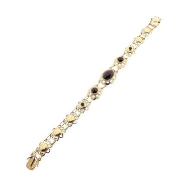 Gouden bootjesarmband met granaat; 14 karaat; 18,5 cm, Gebruikt, Ophalen of Verzenden, Met edelsteen, Goud