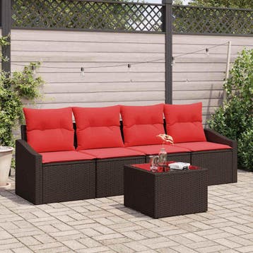 vidaXL Bankstel 5 st 3-zits Bruin en Rood poly rattan, Verzenden, Nieuw, 5 zitplaatsen
