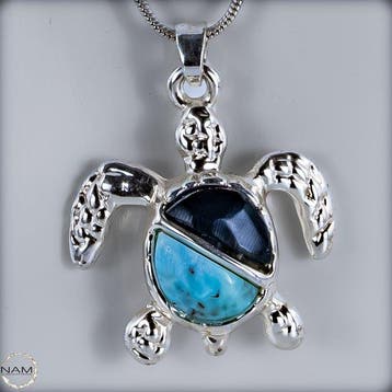 Larimar & Zwarte Koraal – schildpadbedel in 925 zilver -