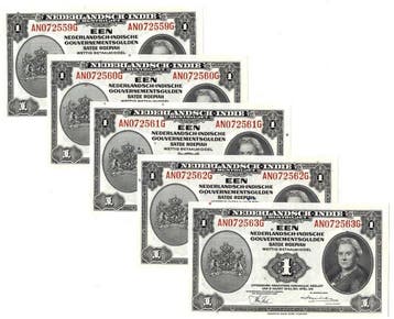 Nederlands-Indië. - 5 x 1 Gulden - 1943 - Consecutive - Pick