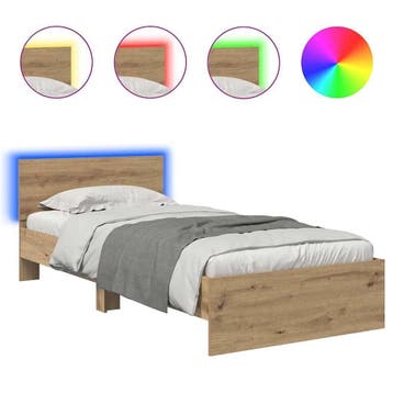 LED Bed 90x190cm Eikenlook | Tweedekansje | OP=OP, Gebruikt, 90 cm, Eenpersoons, Bruin
