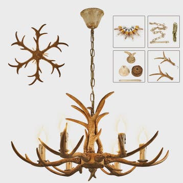 Vintage Herten Gewei Kroonluchter - 6-Lichts Hanglamp in Bru, Verzenden, Nieuw
