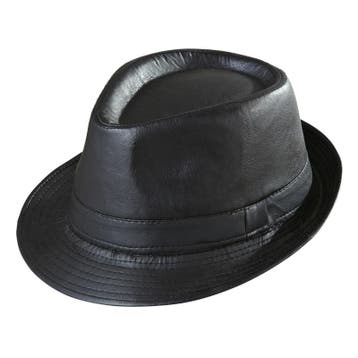 Luxe gangster fedora zwart kunstleer - Gangsterhoeden, Ophalen of Verzenden, Nieuw