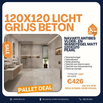 Lichtgrijze betonlook 120x120 - Palletdeal 23m² €426, Doe-het-zelf en Verbouw, Tegels, 60 cm of meer, Nieuw, Ophalen of Verzenden